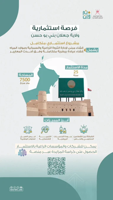 فرصة استثمارية في ولاية جعلان بني بو حسن 
مشروع استثماري متكامل يشمل:
-	إنشاء مبنى لإدارة الثروة الزراعية والسمكية وموارد المياه
-	إنشاء عيادة بيطرية متكاملة وفق أحدث المعايير
-	أرض استثمارية على مساحة 7500 متر مربع لصالح المستثمر
📍 مدة الاستثمار: 25 سنة

مشروع يعزز:
🔹 جودة الخدمات البيطرية
🔹 التنمية الاقتصادية
🔹 فرص العمل للكوادر الوطنية
🔹 الشراكة بين القطاعين الحكومي والخاص

يمكن للشركات والمؤسسات الراغبة بالاستثمار الحصول على كراسة المزايدة عبر منصة "ثروات".
