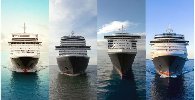 Four cruise ships are seen sailing towards the viewer, each in separate vertical sections of the image. The first ship is the Queen Elizabeth, the second is the Queen Victoria, the third is the Queen Mary 2, and the fourth is the Queen Anne. They are set against distinct backdrop colors of blue and green tones.