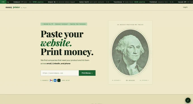 A web interface promoting a tool called Money Printer, displaying a prompt to paste a website for automated customer outreach.