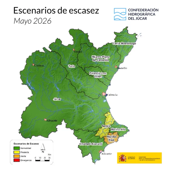 Mapa de escenarios de escasez en la Demarcación Hidrográfica del Júcar correspondiente al informe de sequía del mes de mayo de 2026.