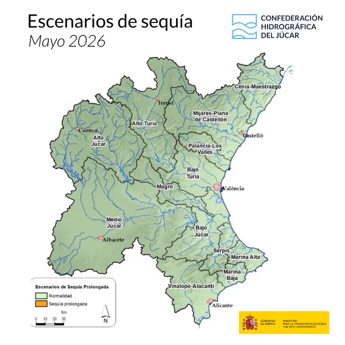 Mapa de escenarios de sequía en la Demarcación Hidrográfica del Júcar correspondiente al informe de sequía del mes de mayo de 2026.