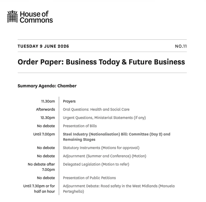House of Commons Order Paper Tuesday, 9th June, 2026, link in post for full Order Paper.