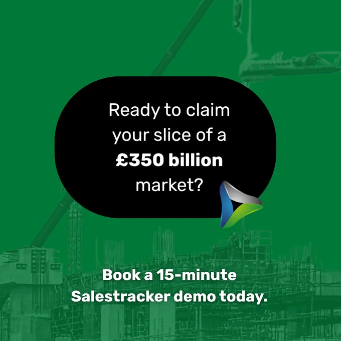 Promotional image urging bookings for a 15-minute Salestracker demo. Features bold text and a construction background.