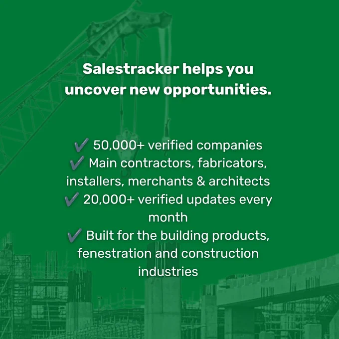 Infographic highlighting Salestracker's services in the construction industry with over 50,000 verified companies.