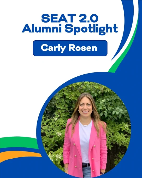 ALT - Graphic featuring Carly Rosen for SEAT 2.0 Alumni Spotlight, with a photo of Carly Rosen discussing What are you currently working on?