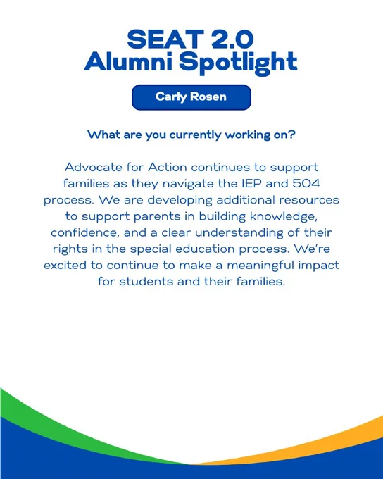 ALT - Graphic featuring Carly Rosen for SEAT 2.0 Alumni Spotlight, with a photo of Carly Rosen discussing What are you currently working on?