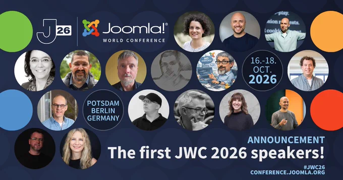 Collage of diverse speakers announced for Joomla World Conference 2026 in Potsdam, Berlin, Germany, scheduled for October 16-18.