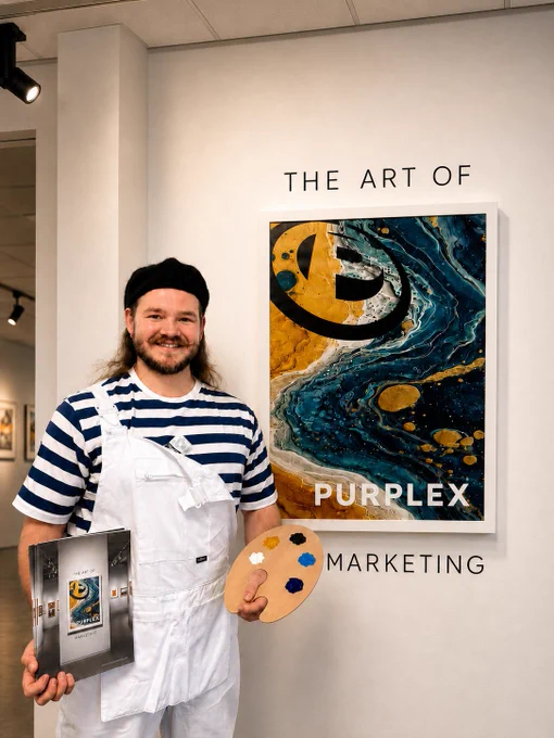 A person in an artist outfit stands next to an abstract painting in a gallery setting, highlighting 'The Art of Purplex Marketing'. The mood is creative and professional.