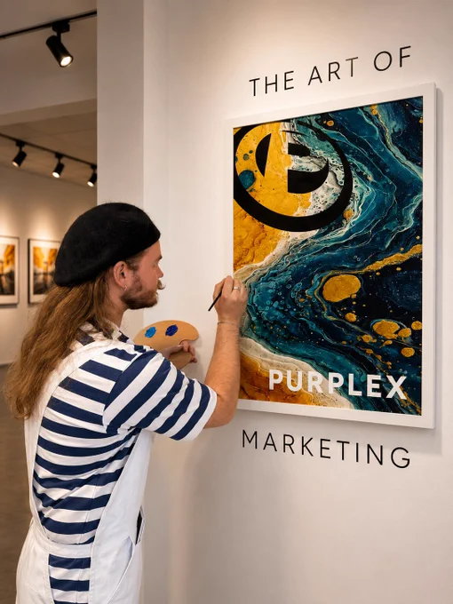 An artist in a striped shirt and beret paints a marketing-themed canvas in a gallery setting. The scene combines creativity with professional branding elements.