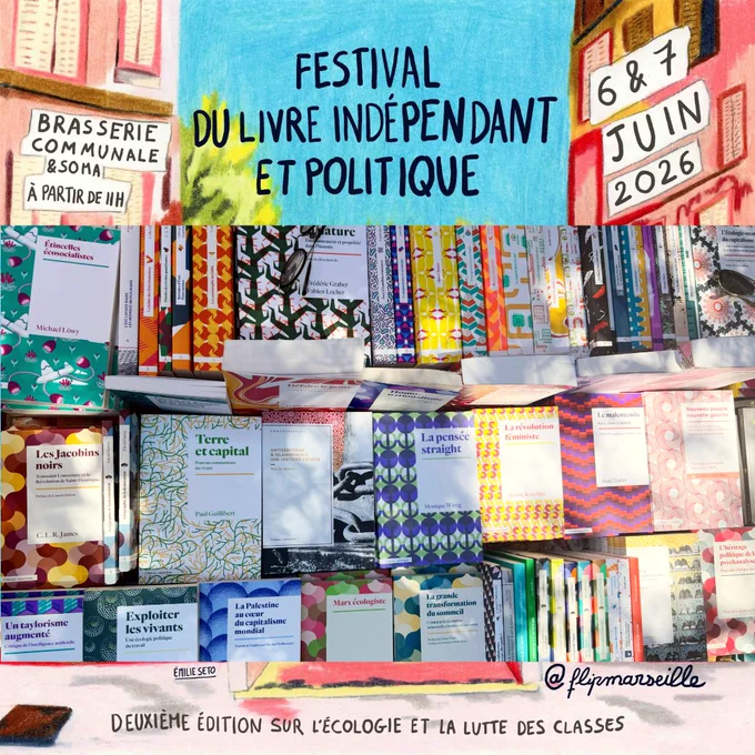 À l'arrière-plan : le visuel du festival du livre indépendant et politique qui a eu lieu les 6 et 7 juin 2026, à Marseille. Au premier plan : une photo de la table tenue par les éditions Amsterdam lors de ce week-end.