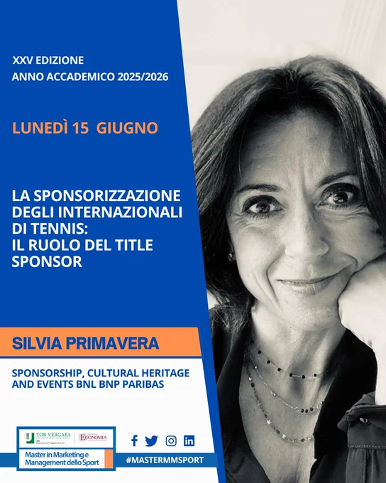 🎾 Silvia Primavera, Sponsorship, Cultural Heritage and Events di BNL BNP Paribas, approfondirà il tema della sponsorizzazione degli Internazionali di Tennis e il ruolo del Title Sponsor.