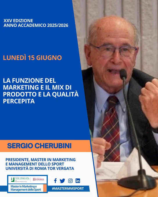 📈 Il Prof. Sergio Cherubini guiderà una riflessione sulla funzione del marketing, sul mix di prodotto e sul concetto di qualità percepita.