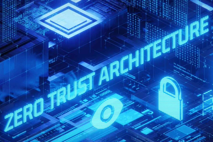 A futuristic blue digital graphic featuring abstract cyber network patterns, a lock icon, and the bold text "ZERO TRUST ARCHITECTURE".