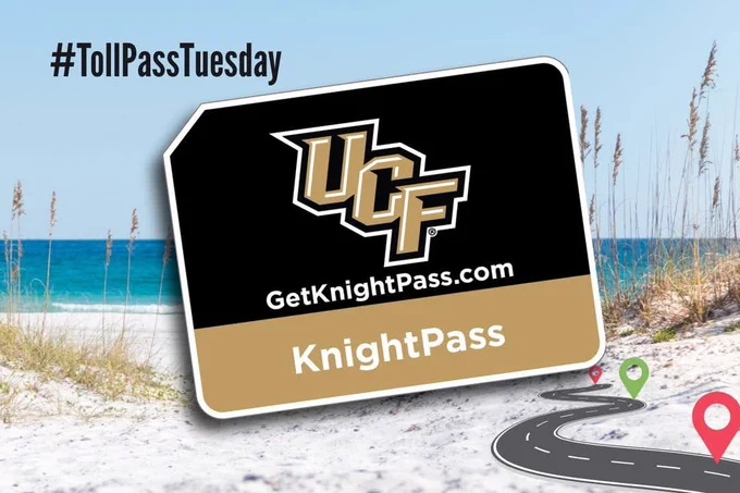 A promotional image displays a "KnightPass" card featuring the UCF logo and the website GetKnightPass.com. In the background, there's a beach scene with sand and sea grass, along with a winding road illustration decorated with map pins. The text "#TollPassTuesday" is in the top left corner.