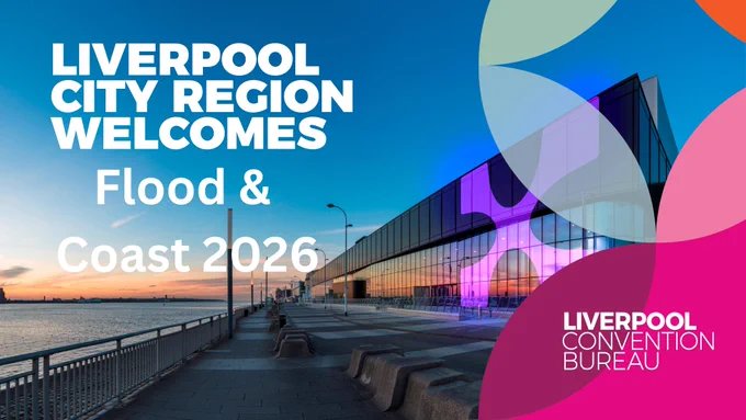 A promotional graphic showing Liverpool’s waterfront at sunset, with a modern glass-fronted building illuminated in purple and pink lighting along a paved promenade beside the water. Large white text reads “Liverpool City Region Welcomes Food & Coast 2026,” while colourful abstract shapes overlay the image. The Liverpool Convention Bureau logo appears in the bottom right corner.
