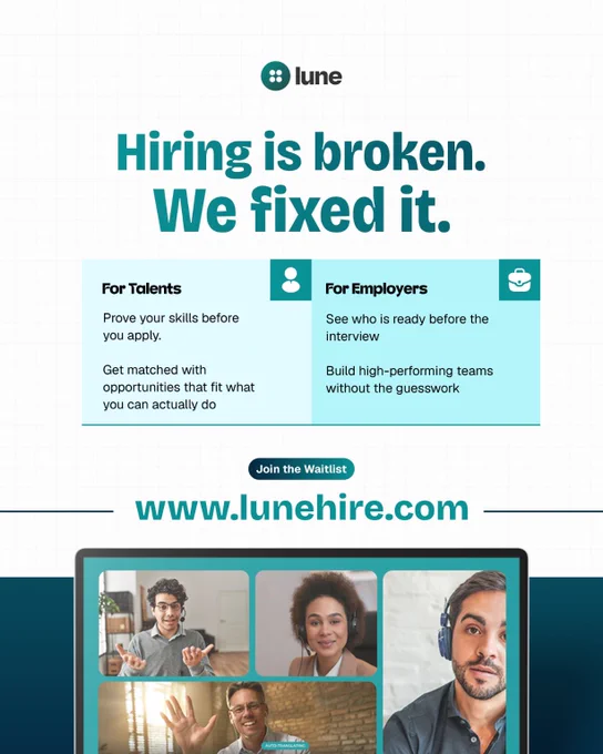 Hiring is broken — on both sides.

Candidates fire off applications to a dozen job boards and hear nothing back. Or a rejection, with no reason why. Employers burn hours sifting through CVs, guessing who can actually do the job.

Lune fixes both.

We let candidates prove their skills — then bring the job to them. And we give employers a pool of pre-vetted, technically proficient talent, so they can skip first-stage screening entirely.

Show what you can do. Get hired on proof, not paper.

Join the waitlist and get notified at launch:

https://waitlist.lunehire.com/