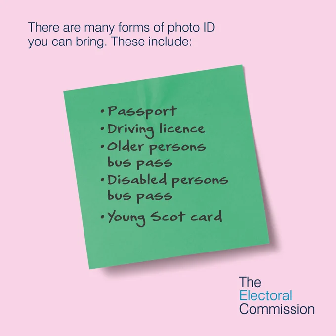 A list of photo ID examples including passport, driving licence, and bus passes, on a green sticky note.