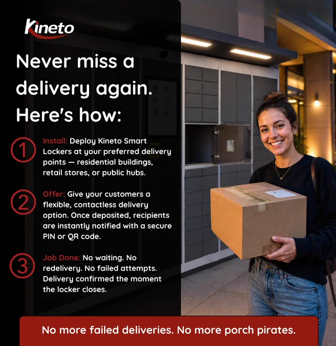 "A smiling woman holding a cardboard package stands in front of a wall of Kineto Smart Lockers, illustrating a secure and contactless parcel pickup experience."