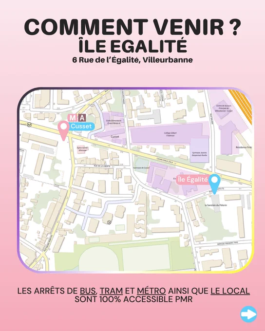 Comment venir? Métro A arrêt CUSSET. Les arrêts de bus, tram et métro  ainsi que le local sont 100% accessible PMR.