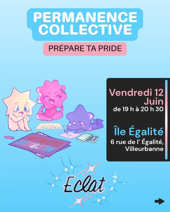Permanence collective : pre pare ta pride. Vendredi 12 juin de 19h à 20h30 à l'île égalité, 6 rue de l'égalité Villeurbanne.