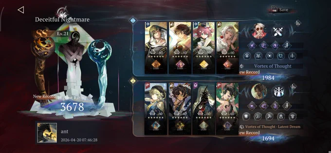 ALT: Deceitful Nightmare stage being cleared; using Ezio, Kassandra, Flutterpage, Rubuska
then
Brume, Fatutu, Chaton and Anjo Nala