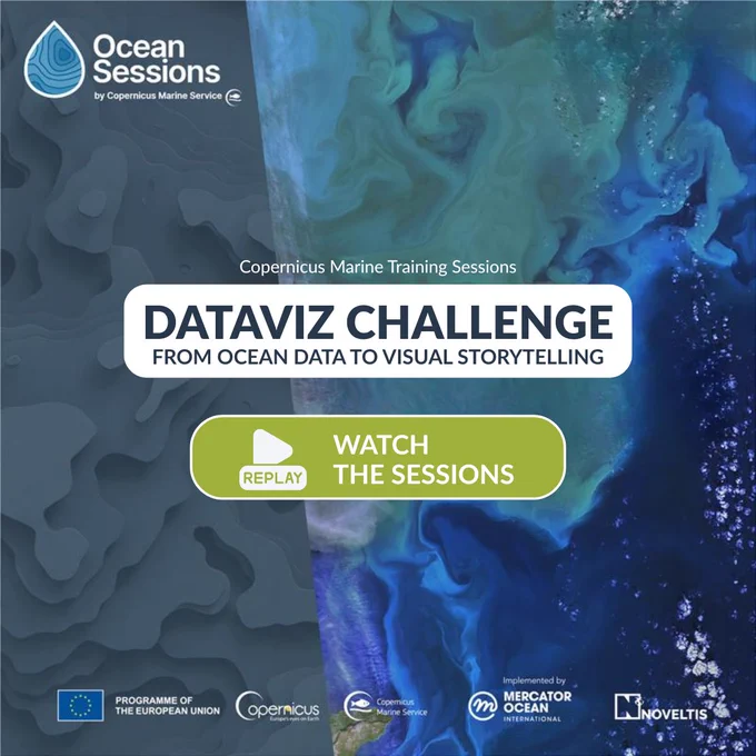 Promotional image for Copernicus Marine Training Sessions showing abstract designs of Earth from above with oceanic colors. Text reads: 'Ocean Sessions by Copernicus Marine Service. Dataviz Challenge: From Ocean Data to Visual Storytelling. Replay: Watch the Sessions'. Logos at the bottom include EU, Copernicus, and others.