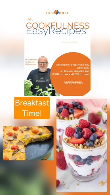 A collage shows me in my Cookfulness grey apron, blue tshirt, black glasses, short grey hair and beard above pictures of a layered fruit and yoghurt bowl and a colourful egg and vegetable fritatta
