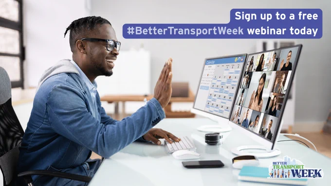 Person attending a virtual webinar on a desktop computer, waving at multiple participants on screen during #BetterTransportWeek.