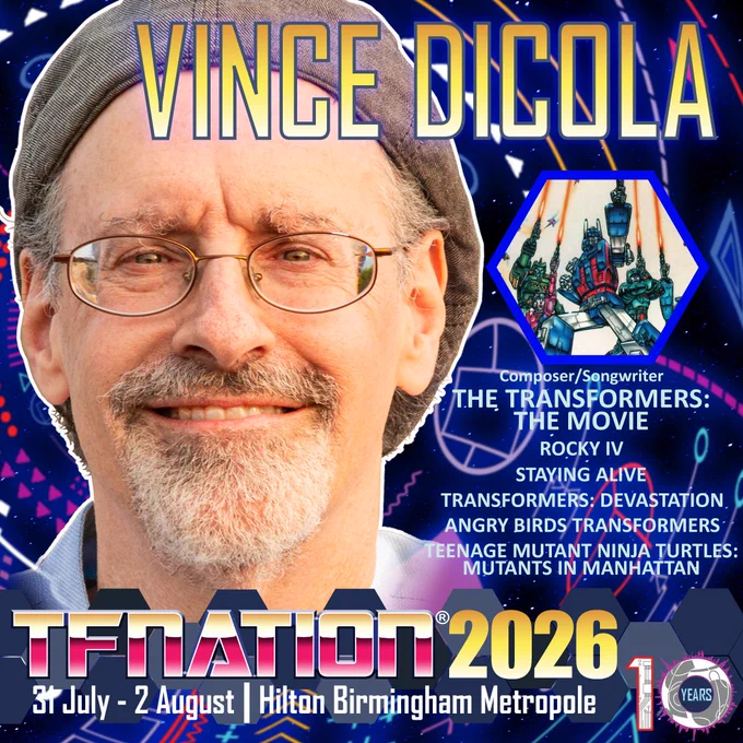 Image shows a headshot of composer Vince DiCola. There is a small image of Ultra Magnus from G1, and below that lists some of DiCola’s work: The Transformers The Movie, Rocky IV, Staying Alive, Transformers Devastation, Angry Birds Transformers, Teenage Mutant Ninja Turtles Mutants In Manhattan.