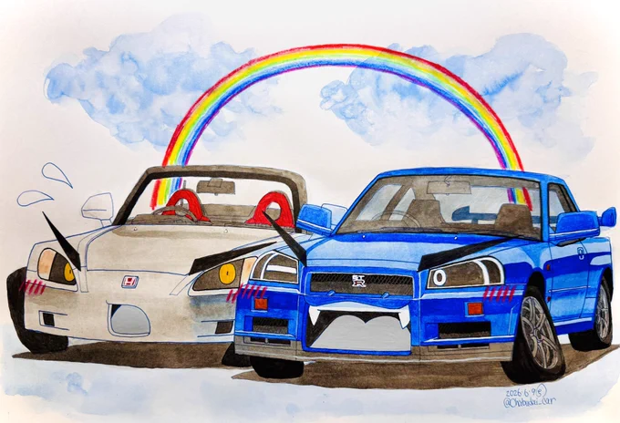 表情の付いた車の日産スカイラインR34とホンダS2000が仲良く並んでいるイラスト。背景には虹がかかっている。