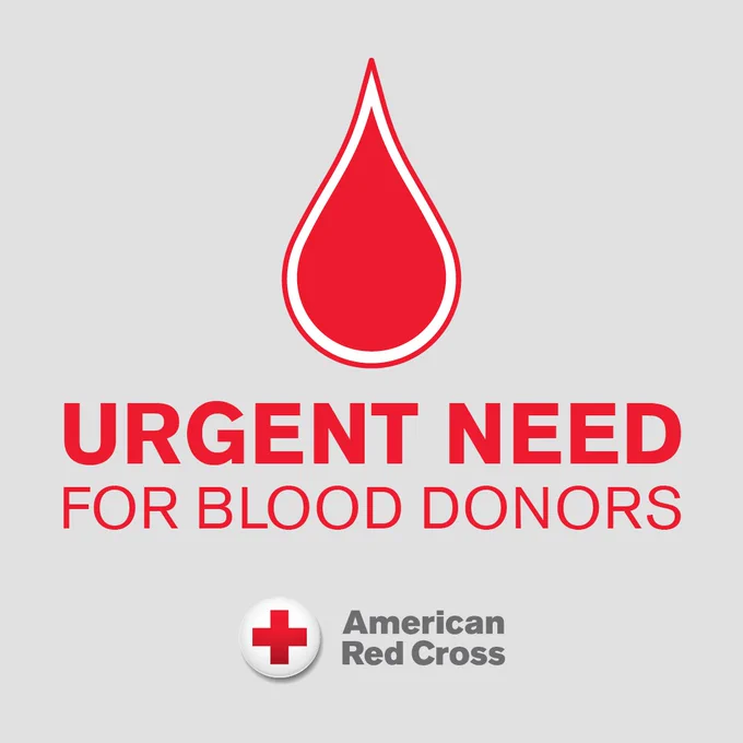 Image shows a large red drop of blood above text that reads "Urgent Need for Blood Donors." Below is the logo of the American Red Cross, which includes a red cross symbol. The background is a light gray.