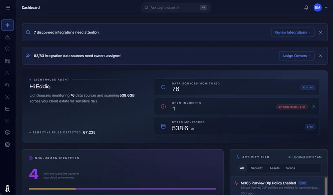 A dark-themed dashboard shows data security stats, including 76 monitored sources, 538.6GB of data, 67,225 sensitive files detected, and alerts for integration issues and owner assignments.