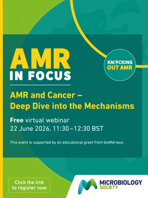 Virtual webinar on AMR and cancer mechanisms scheduled for 22 June 2026, hosted by Microbiology Society with bioMérieux support.