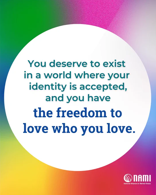 Message advocating for acceptance and freedom to love in a colorful background circle.