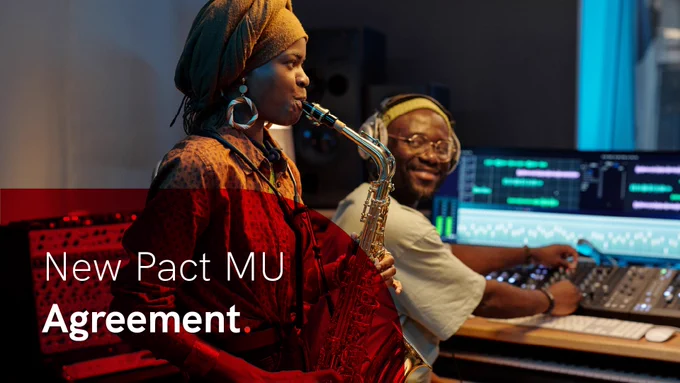 Musician playing saxophone in a recording studio while sound engineer adjusts audio levels on a mixing console. In the lower left is a semi-opaque curved red overlay with the words 'New Pact MU Agreement' in white.