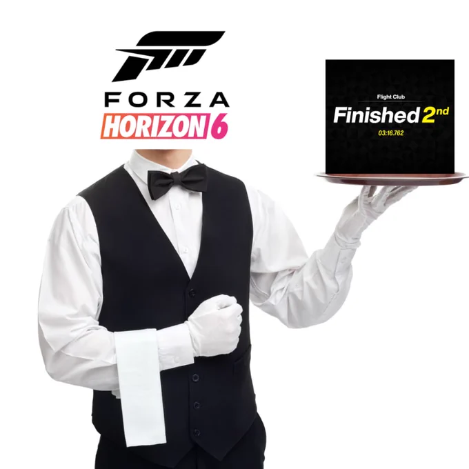 An image of a waitor with the Forza Horizon 6 Logo as a face, with a plate holding the "Finished 2nd" screen from the game. 