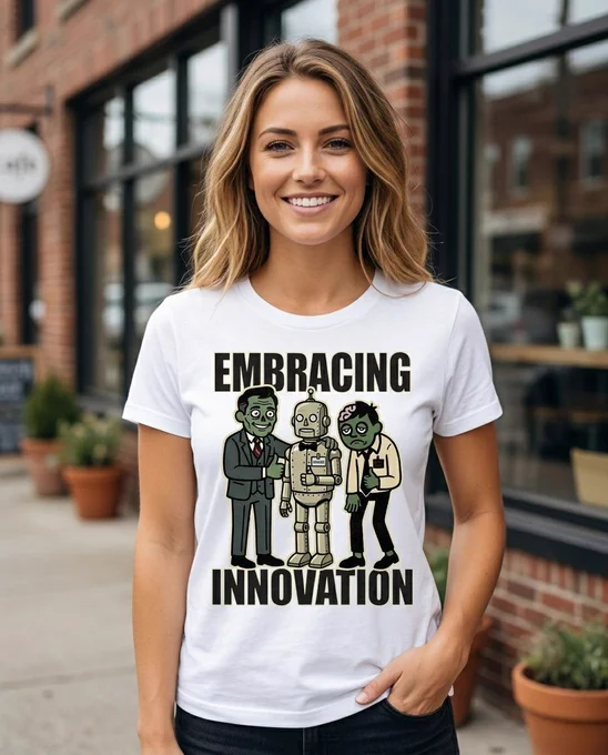 A biting dark humor vector illustration featuring a happy corporate zombie boss introducing a retro metal tin robot wearing a "TRAINEE" badge, while an exhausted human zombie worker stands to the side giving a completely defeated thumbs-up.