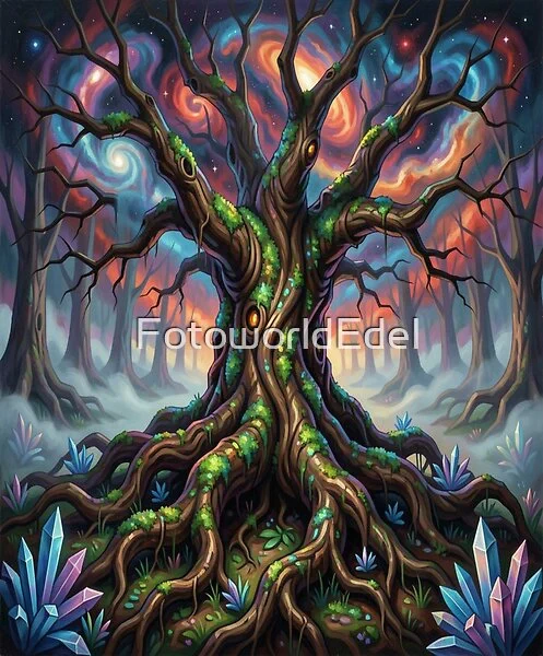 Ein glowing mystic Baum mit leuchtenden roots und cosmic colors in einer surreal forest night scene