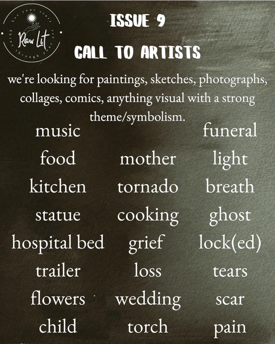Some potential prompts/symbols/imagery
music
food
kitchen
statue
hospital bed
trailer
flowers
child
mother
tornado
cooking
grief
loss
wedding
torch
funeral
light
breath
ghost
lock(ed)
tears
scar
pain