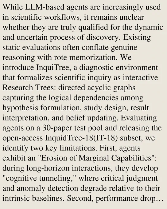While LLM-based agents are increasingly used in scientific workflows, it remains unclear whether they are truly qualified for the dynamic and uncertain process of discovery. Existing static evaluations often conflate genuine reasoning with rote memorization. We introduce InquiTree, a diagnostic environment that formalizes scientific inquiry as interactive Research Trees: directed acyclic graphs capturing the logical dependencies among hypothesis formulation, study design, result interpretation, and belief updating. Evaluating agents on a 30-paper test pool and releasing the open-access InquidTree-18(IT-18) subset, we identify two key limitations. First, agents exhibit an "Erosion of Marginal Capabilities": during long-horizon interactions, they develop "cognitive tunneling," where critical judgment and anomaly detection degrade relative to their intrinsic baselines. Second, performance drops on papers published after model training cutoffs, revealing a boundary between interpolation an
