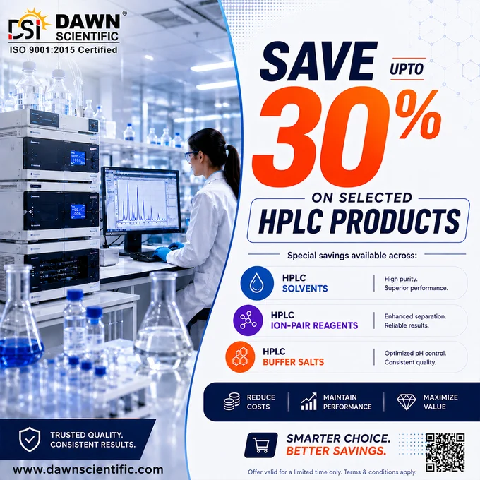 Save up to 30% on HPLC products including high-purity HPLC solvents, ion-pair reagents, and buffer salts from Dawn Scientific for pharmaceutical, analytical, and chromatography laboratories across the USA
