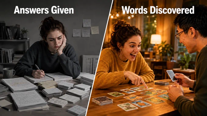 Split-screen image illustrating two approaches to language learning. On the left, a learner sits alone in a muted grey room surrounded by study notes beneath the heading “Answers Given.” On the right, two people enjoy a card game together in warm light beneath the heading “Words Discovered,” capturing the excitement of an “aha!” moment.
