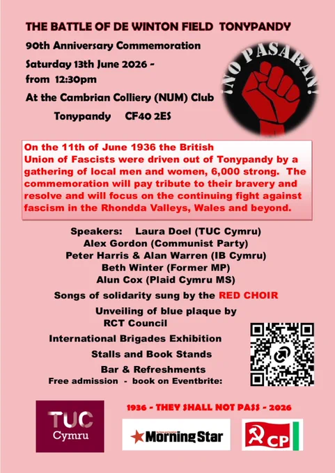 Poster for the 90th anniversary of the Battle of De Winton Field in Tonypandy, commemorating the 1936 anti-fascist fight with speakers and events listed.