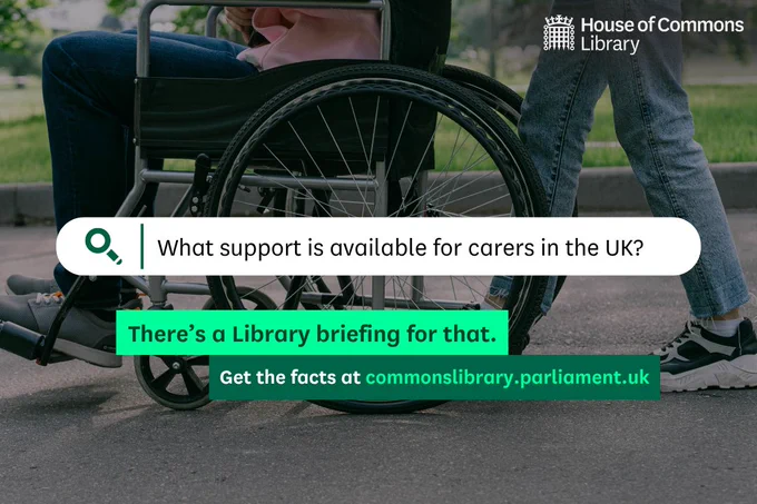 Graphic of a search engine promoting  research from the Commons Library.

Text reads:
What support is available for carers in the UK?
There's a Library briefing for that.
Get the facts at commonslibrary.parliament.uk