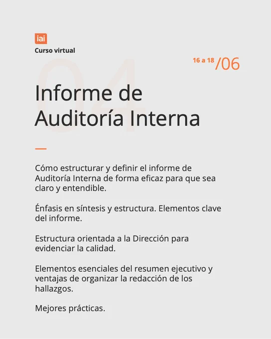 La imagen contiene texto: “Informe de Auditoría Interna (Curso Virtual), 16 a 18 junio 2026”.

