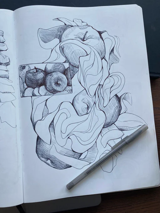 A sketchbook page feature an abstract apple drawing with flowing lines tangled around a trio of apples. A small study of more apples overlaps the main drawing. 