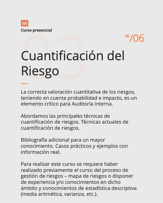 La imagen contiene texto: “Cuantificación del Riesgo (Curso Presencial), 16 junio 2026”.