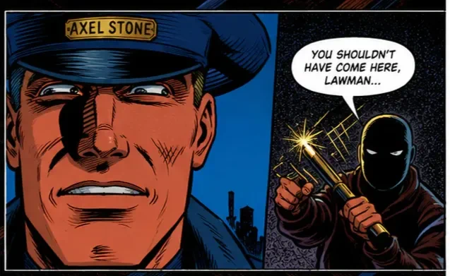 An AI-generated redrawing of the panel, which alters all the lineart of the original, adding, erasing, and hallucinating many details, including but not limited to: adding a name badge to Axel's hat, changing the thug's open palm to a clenched fist, erasing the thug's visible mouth, and giving Axel four pupils, two in each eye.