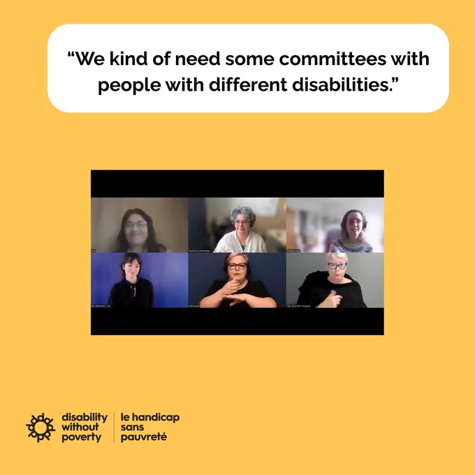 Text: We kind of need some committees with people with different abilities. Zoom screenshot of Janet, Marie-Ève, Elizabeth, ASL and LSQ interpreters.