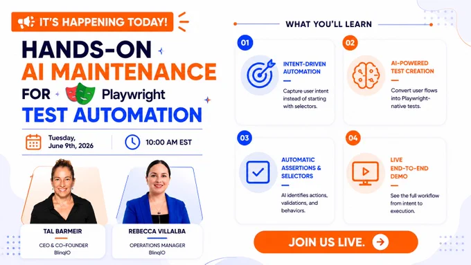Promo graphic for the TestGuild Workshop by Joe Colantonio
Hands-On AI Maintenance for Playwright Test Automation
Webinar Date:  Tuesday, June 9th, 2026
Webinar Time:  10:00 AM EST
Speakers: 
Tal Barmeir
Rebecca Villalba
Sponsor: BlinqIO
Register Now
